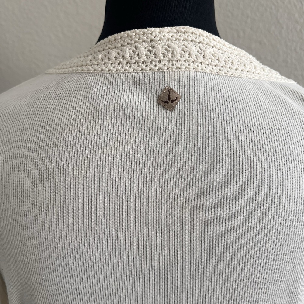 Prana Women's Large Ivory Top Blouse Crochet Bell Sleeve Boho Ribbed - Picture 8 of 10